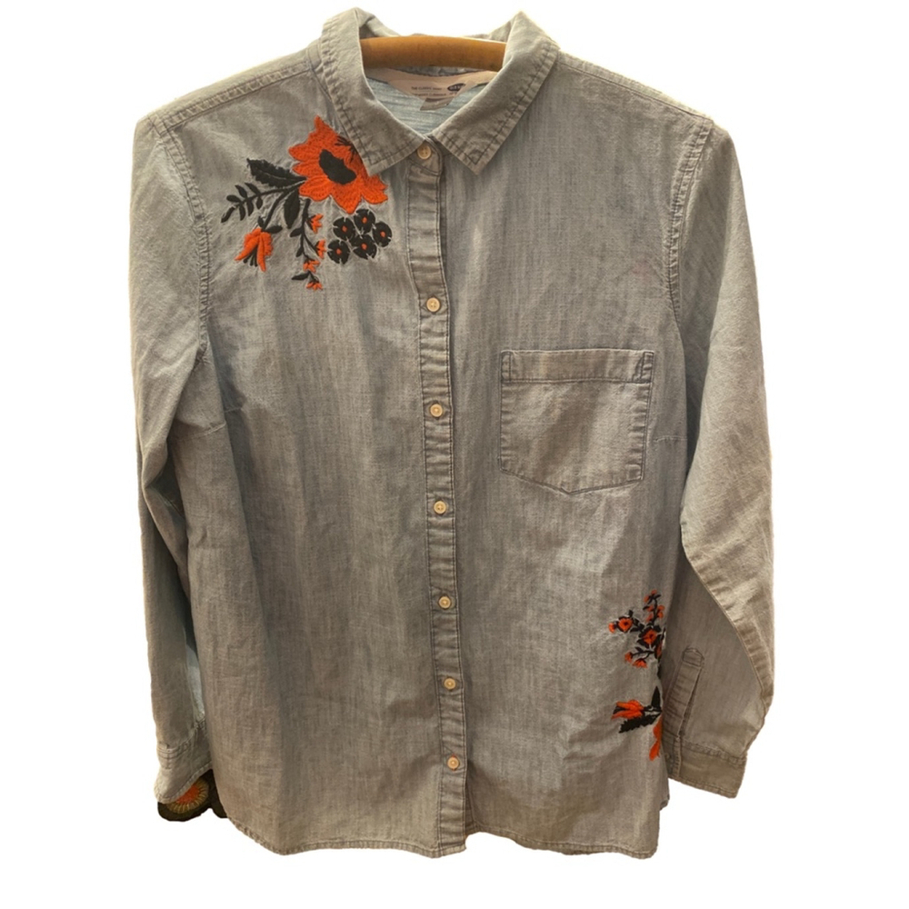 Women's Old Navy Blue Floral Embroidered Denim Shirt Size L